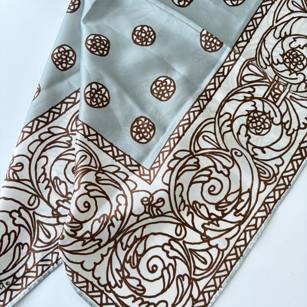 Vintage Square Silk Scarf Sage Green Brown Floral Scroll Hand Rolled 26.5in